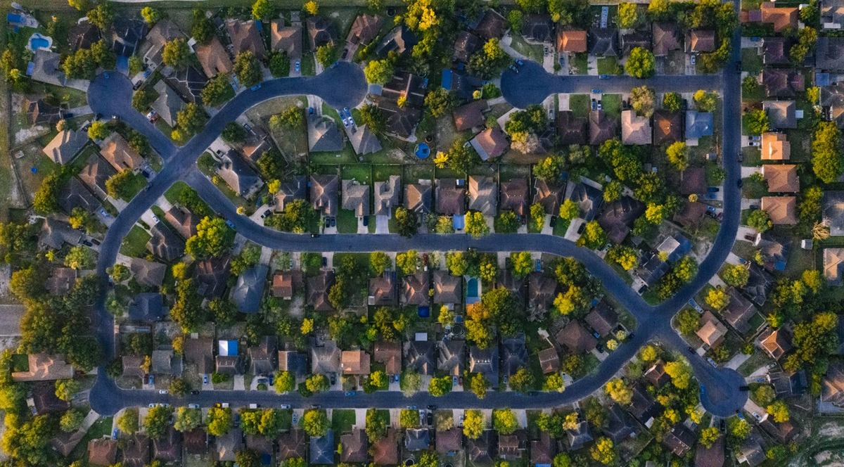 Aerial view of a neighborhood of single-family homes in Edinburg, Texas